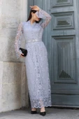 Hakim Yaka Kemerli Dantel Maxi Abiye Elbise 6032-Gri thumbnail 3