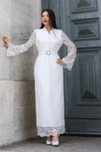 Hakim Yaka Kemerli Dantel Maxi Abiye Elbise 6032-Beyaz thumbnail 2