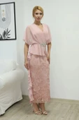 Kruvaze Yaka Şifon Dantel Kombinli Taş ve Fırfırlı Abiye Elbise 6051-Pudra thumbnail 4