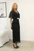 Kruvaze Yaka Şifon Dantel Kombinli Taş ve Fırfırlı Abiye Elbise 6051-Siyah thumbnail 5