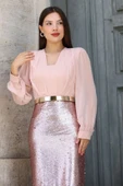 Şifon Kombinli Payetli Abiye Elbise 6048-Pudra thumbnail 6