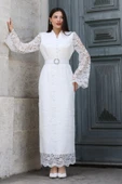Hakim Yaka Kemerli Dantel Maxi Abiye Elbise 6032-Beyaz thumbnail 1