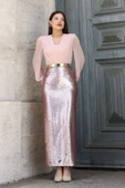 Şifon Kombinli Payetli Abiye Elbise 6048-Pudra thumbnail 3