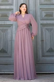 Bel Detaylı Kruvaze Yaka Abiye Elbise 2763-Gül Kurusu thumbnail 2