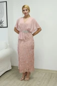 Kruvaze Yaka Şifon Dantel Kombinli Taş ve Fırfırlı Abiye Elbise 6051-Pudra thumbnail 5