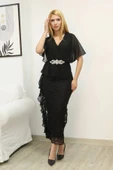 Kruvaze Yaka Şifon Dantel Kombinli Taş ve Fırfırlı Abiye Elbise 6051-Siyah thumbnail 4