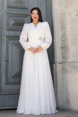 Bel Detaylı Kruvaze Yaka Abiye Elbise 2763-Beyaz thumbnail 4