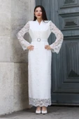 Hakim Yaka Kemerli Dantel Maxi Abiye Elbise 6032-Beyaz thumbnail 5