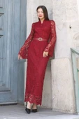 Hakim Yaka Kemerli Dantel Maxi Abiye Elbise 6032-Bordo thumbnail 3