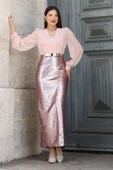 Şifon Kombinli Payetli Abiye Elbise 6048-Pudra thumbnail 1