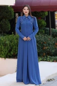 Gömlek Yaka Dantel İşleme ve Kaplamalı Kemerli Abiye Elbise 2764-İndigo - 2