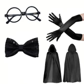 Siyah Kapüşonlu Büyücü ve Cadı Pelerin Kostüm Seti (4 Parça) thumbnail 4