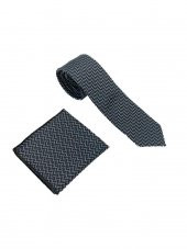 Brianze Siyah Beyaz Desenli Kravat Mendil Set thumbnail 2