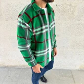 MDB Erkek Ekose Desenli Düğmeli Polar Yakalı Uzun Kollu Gömlek Oversize Rahat Kalıp  Yeşil thumbnail 3