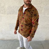 MDB Erkek Yarım Fermuarlı Desenli Polar weat Tribal Etnik Desen Yakalı, Uzun Kollu, Oversize Rahat Kalıp,  Kahverengi thumbnail 4