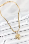 316L Çelik Zirkon Taşlı Kalp Model Gold Renk Kadın Kolye thumbnail 2