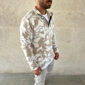 MDB Erkek Yarım Fermuarlı Desenli Polar weat Yakalı, Uzun Kollu, Oversize Rahat Kalıp  Bej thumbnail 4