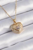 316L Çelik Gold Renk Zirkon Taşlı Kalp Model Vintage Kadın Kolye thumbnail 1