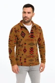 MDB Erkek Yarım Fermuarlı Desenli Polar weat Tribal Etnik Desen Yakalı, Uzun Kollu, Oversize Rahat Kalıp,  Kahverengi thumbnail 1