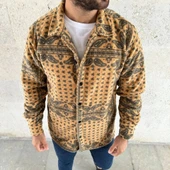 MDB Erkek Desenli Düğmeli Polar Gömlek – Hardal Paisley Desen Yakalı, Uzun Kollu, Oversize Rahat Kalıp  arı thumbnail 2