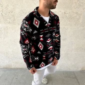 MDB Erkek Yarım Fermuarlı Desenli Polar weat Tribal Etnik Desen Yakalı, Uzun Kollu, Oversize Rahat Kalıp,  iyah thumbnail 4