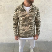 MDB Erkek Yarım Fermuarlı Desenli Polar weat – Haki Kamuflaj Yakalı, Uzun Kollu, Oversize Rahat Kalıp  Haki thumbnail 2