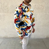 MDB Erkek Yarım Fermuarlı Desenli Polar weat – Renkli Abstract Desen Yakalı, Uzun Kollu, Oversize Rahat Kalıp, Beyaz thumbnail 2