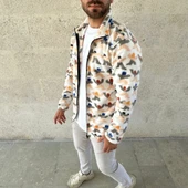 MDB Erkek Tam Fermuarlı Desenli Polar weat – iyah ulticolor Figür Desen Yakalı, Uzun Kollu, Oversize Rahat Kalıp Beyaz thumbnail 3