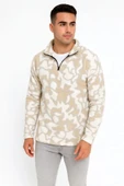 MDB Erkek Yarım Fermuarlı Desenli Polar weat Yakalı, Uzun Kollu, Oversize Rahat Kalıp  Bej thumbnail 1