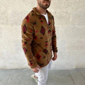 MDB Erkek Yarım Fermuarlı Desenli Polar weat Tribal Etnik Desen Yakalı, Uzun Kollu, Oversize Rahat Kalıp,  Kahverengi thumbnail 2