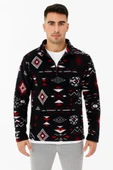 MDB Erkek Yarım Fermuarlı Desenli Polar weat Tribal Etnik Desen Yakalı, Uzun Kollu, Oversize Rahat Kalıp,  iyah thumbnail 1