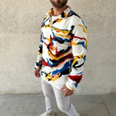 MDB Erkek Yarım Fermuarlı Desenli Polar weat – Renkli Abstract Desen Yakalı, Uzun Kollu, Oversize Rahat Kalıp, Beyaz thumbnail 4