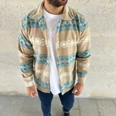 MDB Erkek Desenli Polar Gömlek – Etnik Şerit Desen Yakalı, Uzun Kollu, Düğmeli, Oversize Rahat Kalıp  arı thumbnail 2