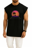 Oversize Synthwave Günbatımı  Palmiyeler – Retro Göğüs Tasarımlı Atlet thumbnail 11
