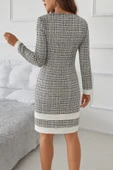 MDB Kadın Uzun Kollu Yuvarlak Yaka Etek Ucu şerit Detaylı Mini Dokuma Elbise thumbnail 3
