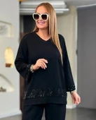 MDB Kadın Uzun Kollu V Yakalı Pulpayet Viskon Iki Iplik Bluz Ve Pantolon Takım thumbnail 2