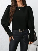 MDB Kadın Uzun Kollu Bisiklet Yaka Fermuar Detaylı Ithal Krep Bluz thumbnail 3