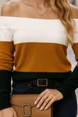 MDB Kadın Uzun Kollu Omuzlardan Açık Uzun Kollu Blok çizgili Triko Bluz thumbnail 2