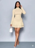 MDB Kadın Uzun Kollu Balıkçı Yaka Mini Fırfırlı Sandy Elbise thumbnail 2