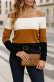 MDB Kadın Uzun Kollu Omuzlardan Açık Uzun Kollu Blok çizgili Triko Bluz thumbnail 1
