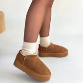 Pabucmarketi Taba Süet Kürklü Kadın Düz Bootie - 4