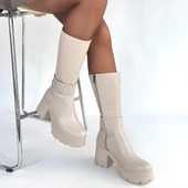 Pabucmarketi Bej Fermuarlı Kadın Topuklu Çizme - 4