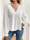 MDB Kadın Uzun Kollu V Dantel Yaka Aerobin Bluz thumbnail 2