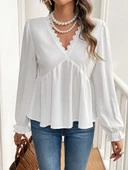 MDB Kadın Uzun Kollu V Dantel Yaka Aerobin Bluz thumbnail 3