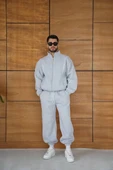Erkek Premium Parçalı Eşofman Takım - Dik Yaka Fermuarlı Biyeli Sweatshirt Lastik Paça Alt, Oversize 3 iplik Şardonlu - thumbnail 6