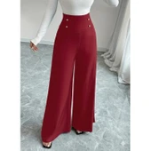 Lucky Life Kadın Yüksek Bel Düğmeli Geniş Paçalı Ithal Krep Pantolon thumbnail 3