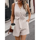 Lucky Life Kadın Sıfır Kollu Yakalı Düğmeli Belden Kuşaklı Kısa Keten Tulum - 2