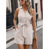 Lucky Life Kadın Sıfır Kollu Yakalı Düğmeli Belden Kuşaklı Kısa Keten Tulum - 1