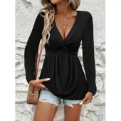 Lucky Life Kadın Uzun Kollu Dekolteli Sarmal Detaylı Viskon Bluz - 7