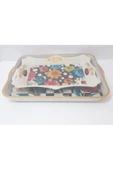 renkli çiçekler Çay Tepsi 42x32x4 CM ve 37x26.5 CM 2 Li Desenli Plastik Dikdörtgen Çay Kahve Tepsisi Servis Tepsi thumbnail 5